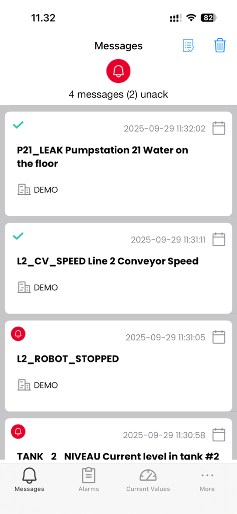 SmartDirect - SmartDirect mobile app messages screen showing industrial SCADA alarms