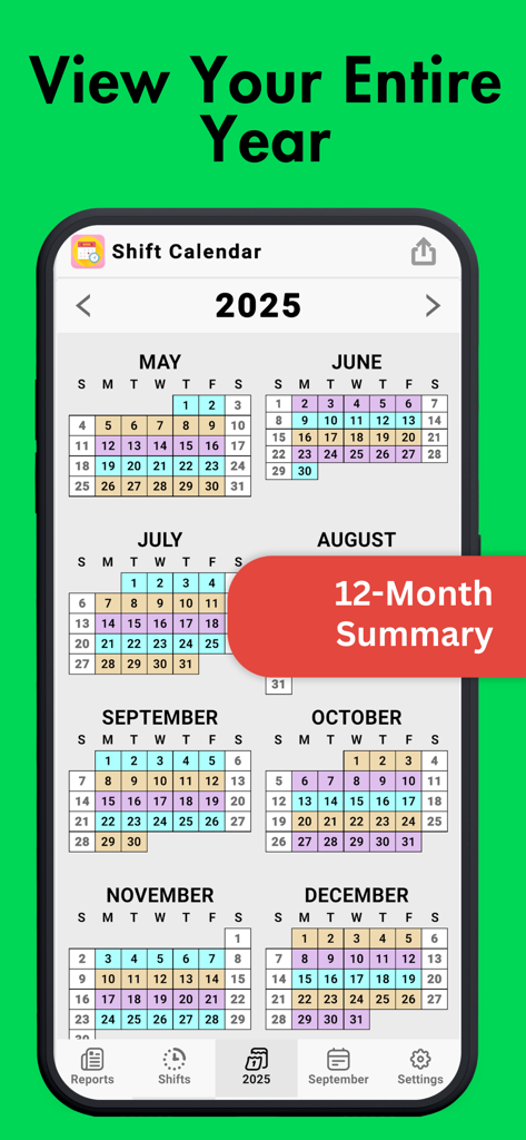 Shift Work Calendar - Simple - Um resumo de 12 meses de turnos de trabalho em uma visualização de calendário codificada por cores