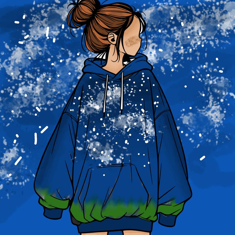 realistic girl with a oversized sweatshirt on and a bun