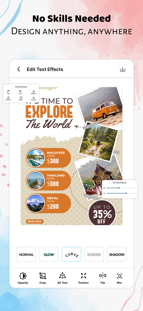 Mobile app interface for Kriadl poster maker showing travel flyer design and text editing tools