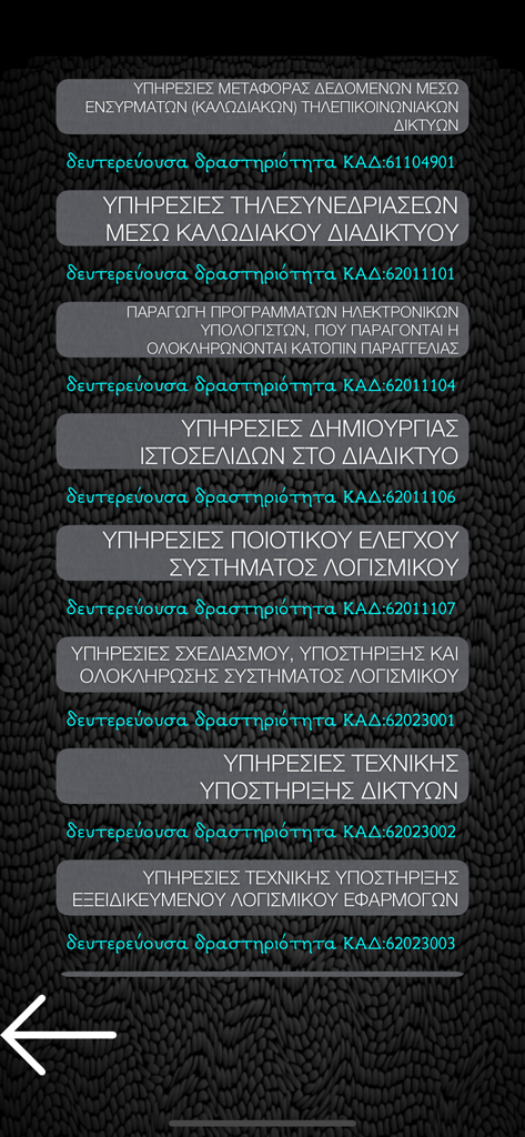 A list of Greek business activities and corresponding KAD tax codes displayed in the AFM info app