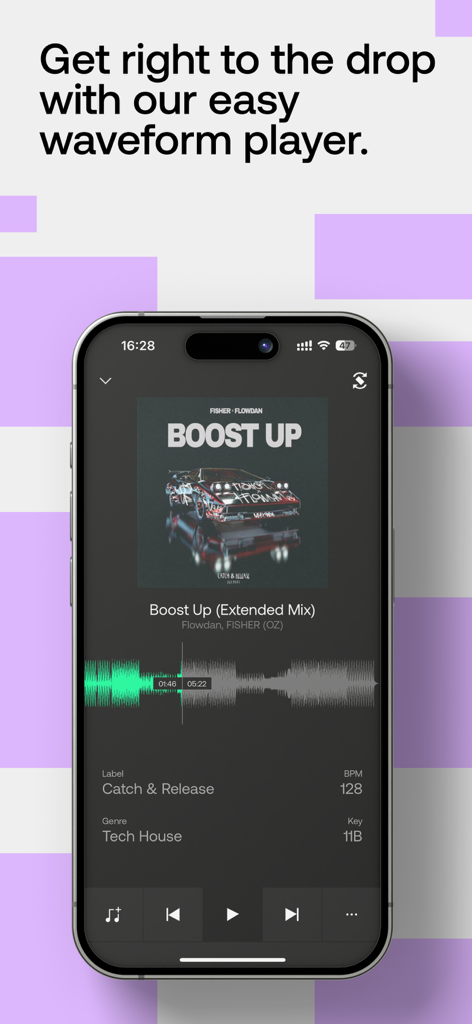 Beatport: Music for DJs App - Beatport mobile App zeigt einen Musiktitel mit einem Wellenform-Player und DJ-Metadaten wie BPM und Key an