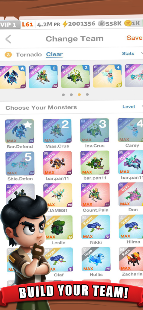Battle Camp monster team selection and building screen