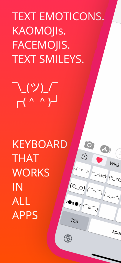 Captura de tela do aplicativo Kaomoji Plus exibindo emoticons de texto japoneses e interface de teclado