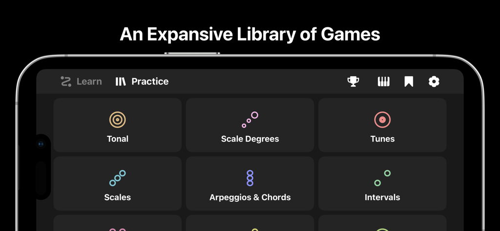 Interface of the Chet ear training app showing a library of musical games including scales chords and intervals