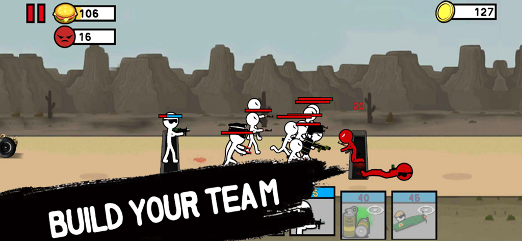 Stickman Army: World War Fight - Stickman soldiers fighting enemy units in a desert environment with the text Build Your Team