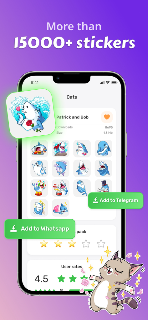 Top Stickers - Emoji & Memes - Screenshot of Top Stickers app featuring a shark sticker collection and messaging app export buttons