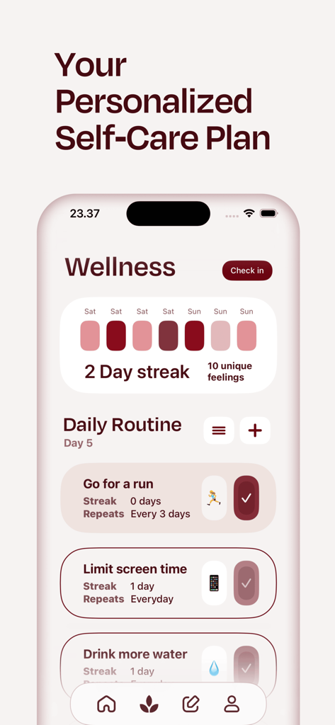 Personalized wellness dashboard in the Sourhealing app showing daily habits and a mood streak.