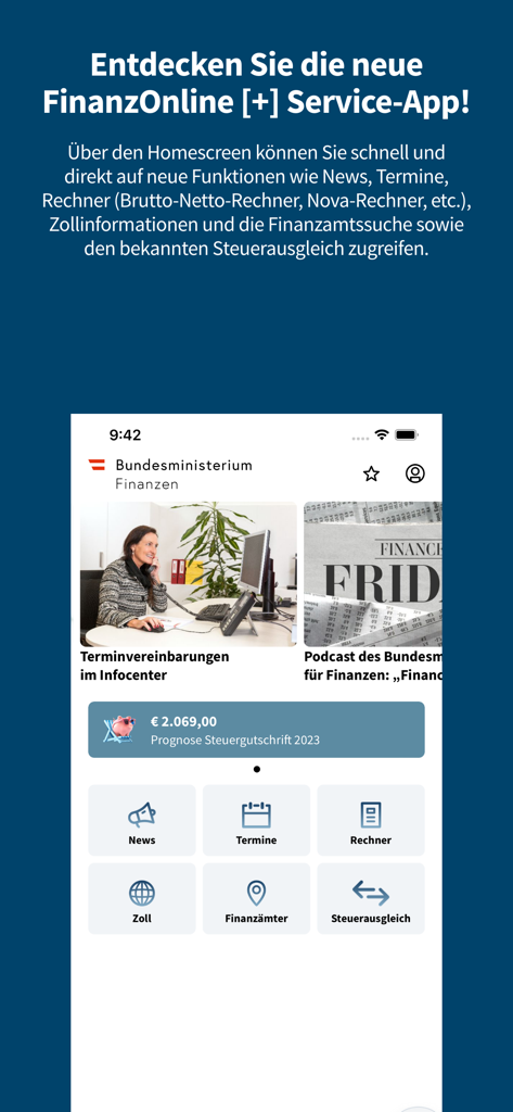 A screenshot of the FinanzOnline plus mobile app dashboard showing various Austrian tax and financial services.