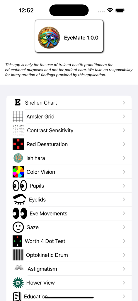 EyeMate - EyeMate app interface displaying a list of neuro-ophthalmology clinical tools including Snellen Chart and Ishihara plates.