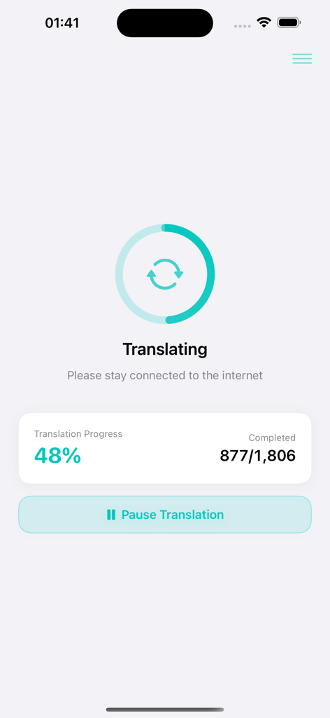 EPUB Translator - Real-time translation progress interface showing 48 percent completion for an eBook.