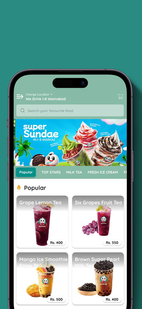 WEDRINK PK - WEDRINK PK app interface showing popular fruit teas and milk tea menu items.