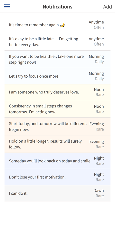 Sudden Reminder - A list of personalized motivational reminders and affirmations with scheduled times and frequencies in the Sudden Reminder app.