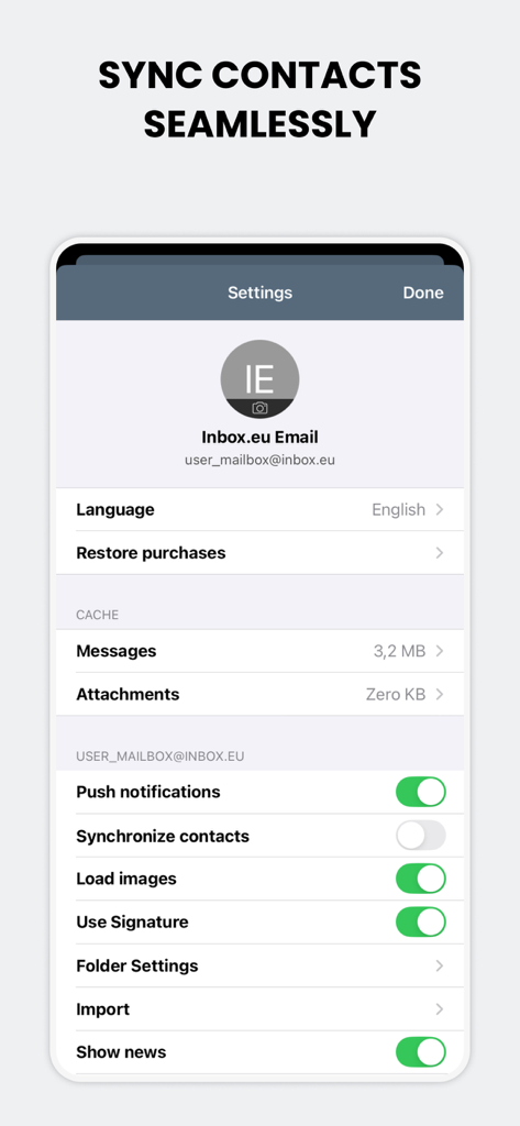 inbox.eu - Inbox.eu app settings screen showing contact synchronization and email configuration options