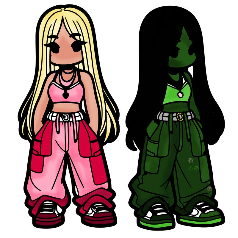 girl in baggy pants crop top and long hair