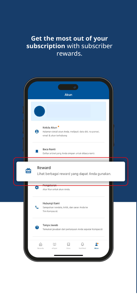 Kompas.id: Baca Berita Lengkap - Kompas.id mobile app account screen highlighting subscriber rewards