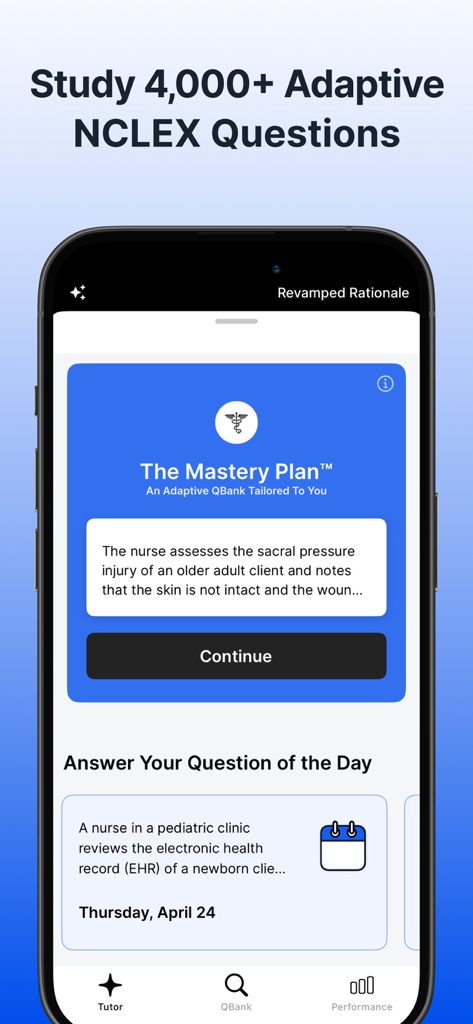 NCLEX RN Mastery Exam - 2026 - NCLEX RN Mastery app interface showing the Mastery Plan adaptive QBank and a question of the day for nursing students.
