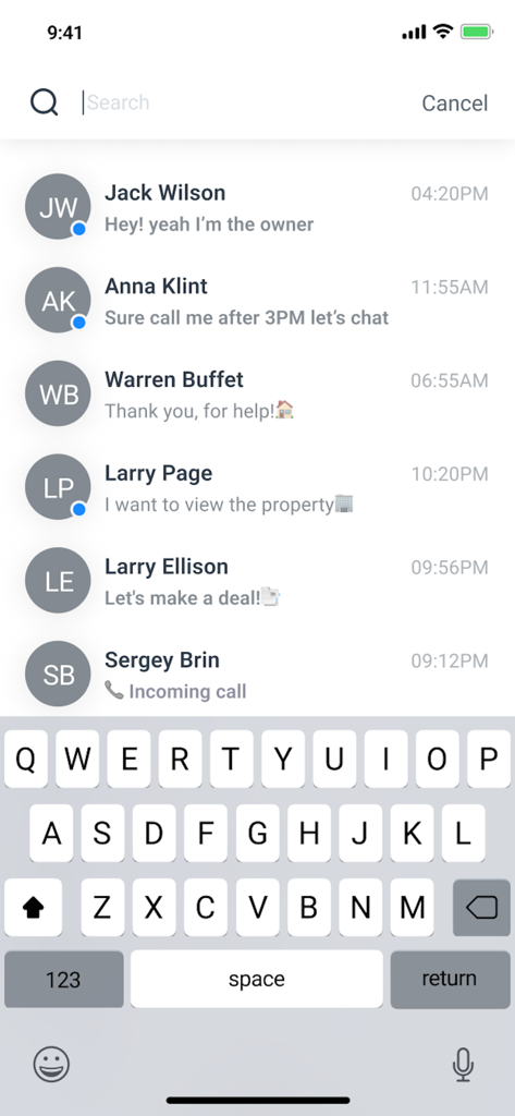 Smarter Contact - Smarter Contact app interface showing a list of text message conversations with potential business leads.