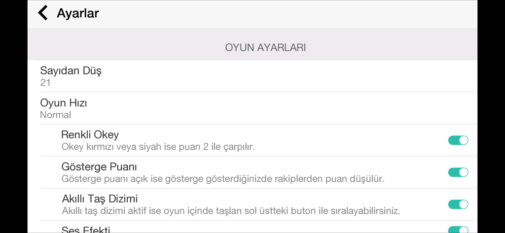 The game settings screen of Okey Internetsiz showing options for game speed and tile sorting rules