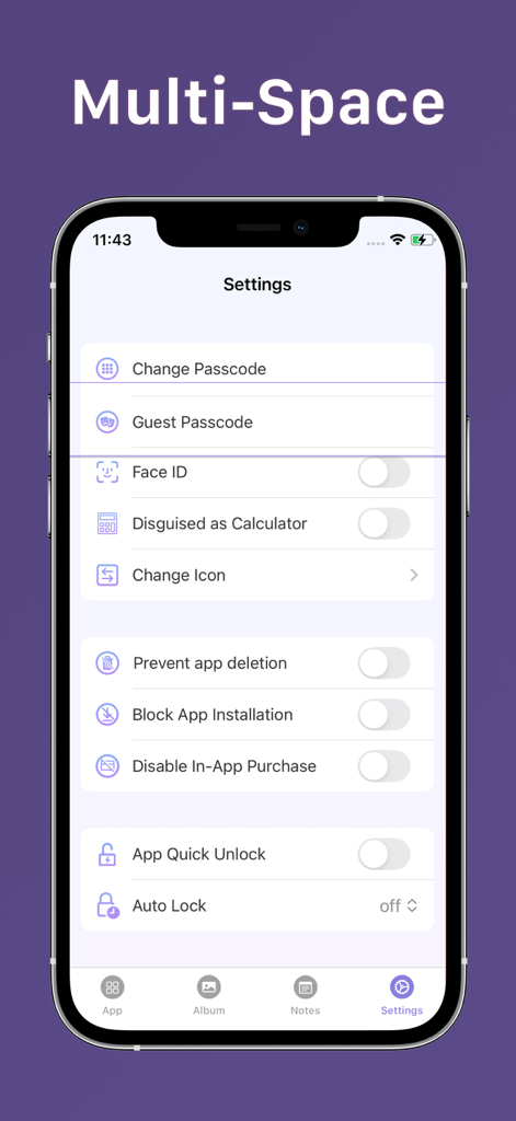 KCalc App Lock, App Locker - Settings screen of KCalc App Lock showing privacy options like guest passcode, calculator disguise, and face ID security.