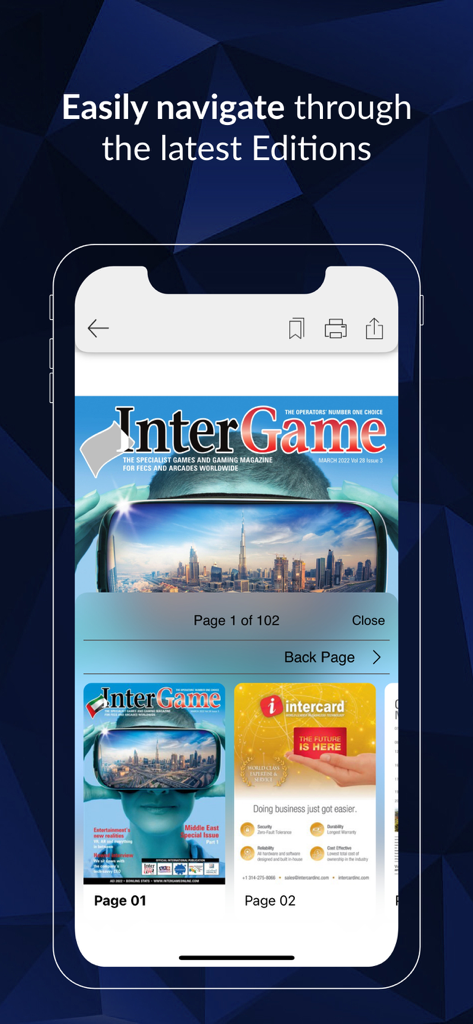 Digital magazine reader interface in the InterGame app with page navigation
