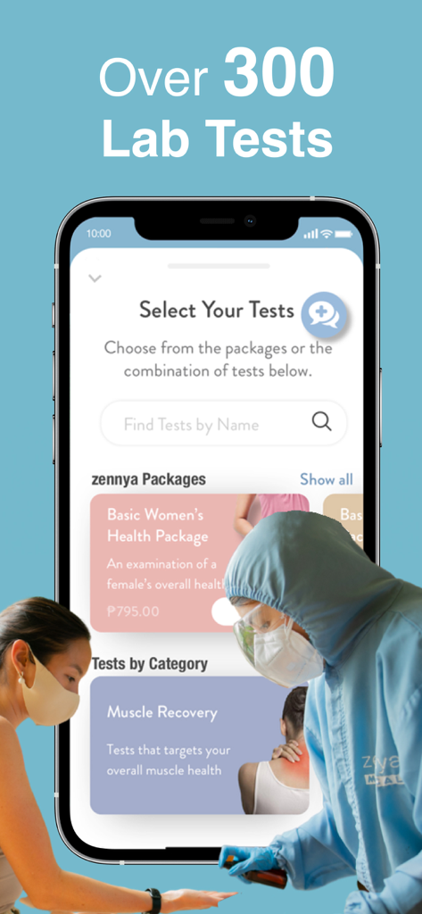 zennya health - Interfaz de la aplicación zennya health que muestra más de 300 opciones de pruebas de laboratorio y paquetes de salud con un trabajador de la salud en EPP realizando un servicio a domicilio.