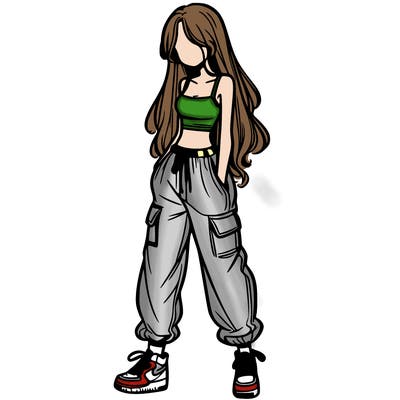 girl in baggy pants crop top and long hair