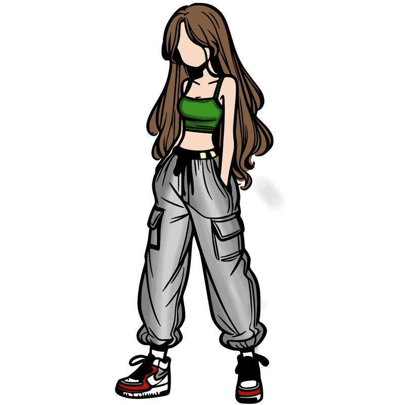 girl in baggy pants crop top and long hair