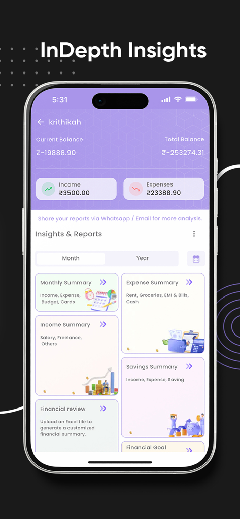 Fintastics expense tracker app interface showing detailed financial insights and summaries