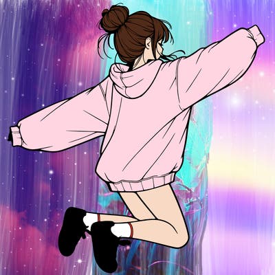 realistic girl jumping with a bun and oversized sweatshirt
