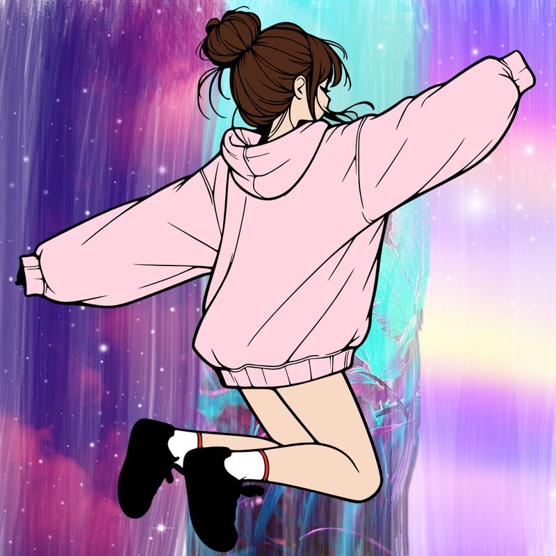 realistic girl jumping with a bun and oversized sweatshirt