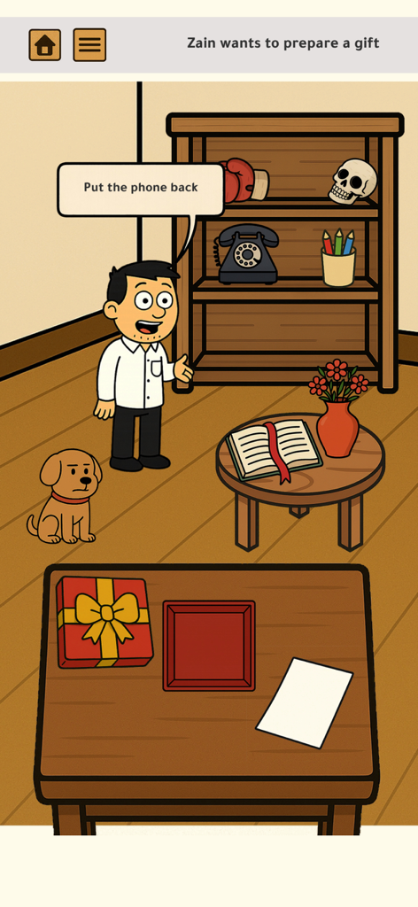 Gameplay screenshot of Zain preparing a gift in a cartoon puzzle room