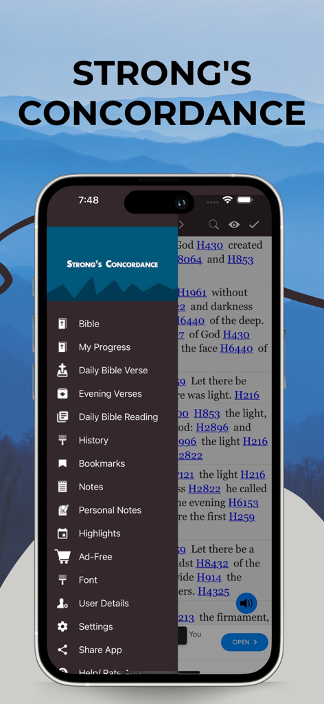 Strong's Concordance - Side menu of the Strongs Concordance bible app showing study tools