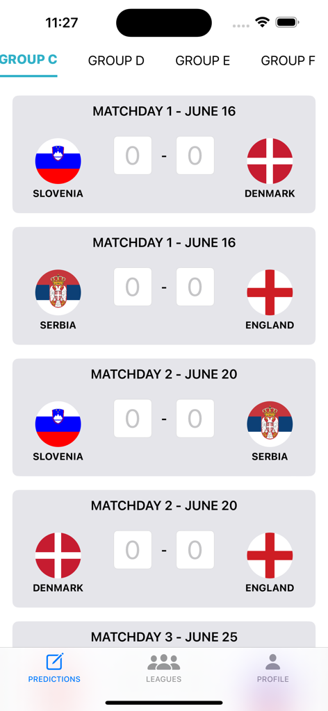 Euro Predictor - Euro Predictor app screen displaying Group C soccer match fixtures and prediction input fields.
