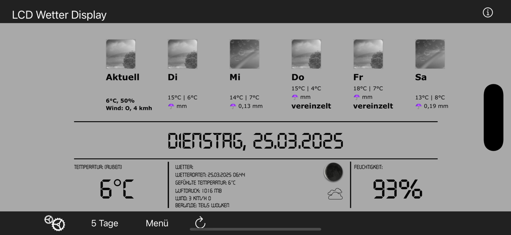 LCD Weather Display app interface showing current temperature humidity and weekly forecast in a retro digital style