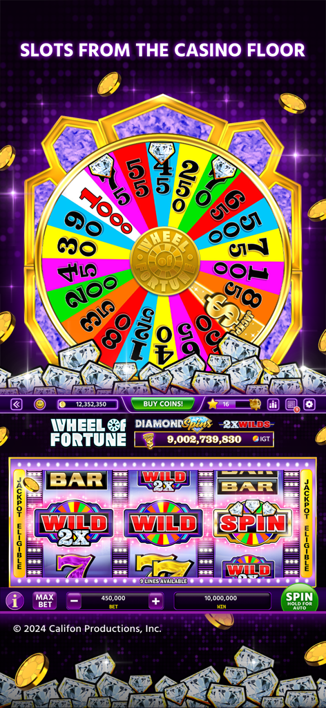Lucky North Casino Games - Wheel of Fortune prize wheel and slot machine game interface in Lucky North Casino.
