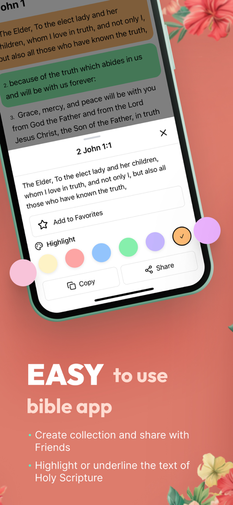 Interfaz de una aplicación de la Biblia para mujeres que muestra opciones de resaltado de versículos y funciones de compartir en redes sociales