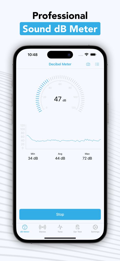Decibel - dB Sound Level Meter - A professional decibel meter app interface on an iPhone displaying real-time sound level measurements and noise statistics.
