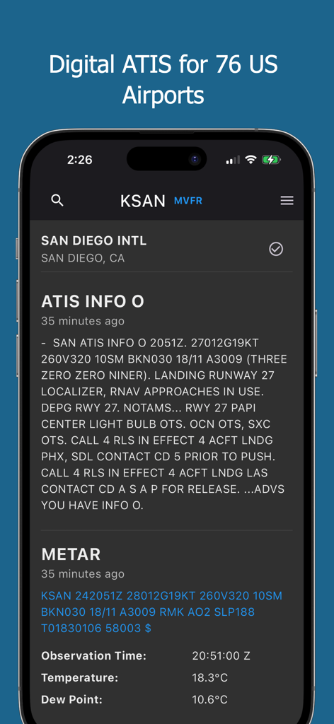 Información meteorológica ATIS y METAR digital para el Aeropuerto Internacional de San Diego mostrada en la pantalla de un teléfono inteligente.