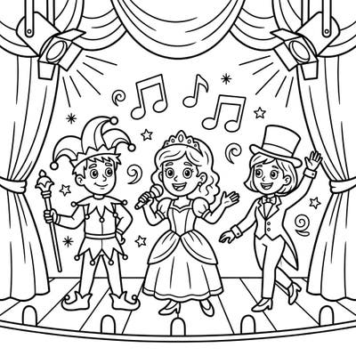Watch your little one light up as they color this enchanting scene of cheerful stage actors! Designed specifically for toddlers, this printable features bold lines and simple shapes to make coloring easy and fun.