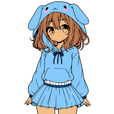 pretty anime girl wearing a fluffy hoodie with bunny ears on the hood and a skirt