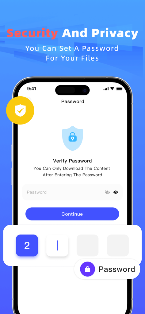 A smartphone screen showing the password protection feature for secure file sharing in the Files Transfer app