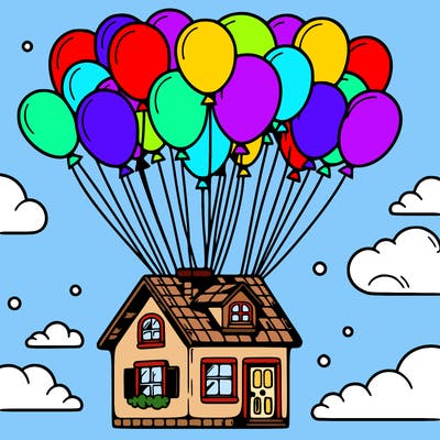house floating from lots of balloons