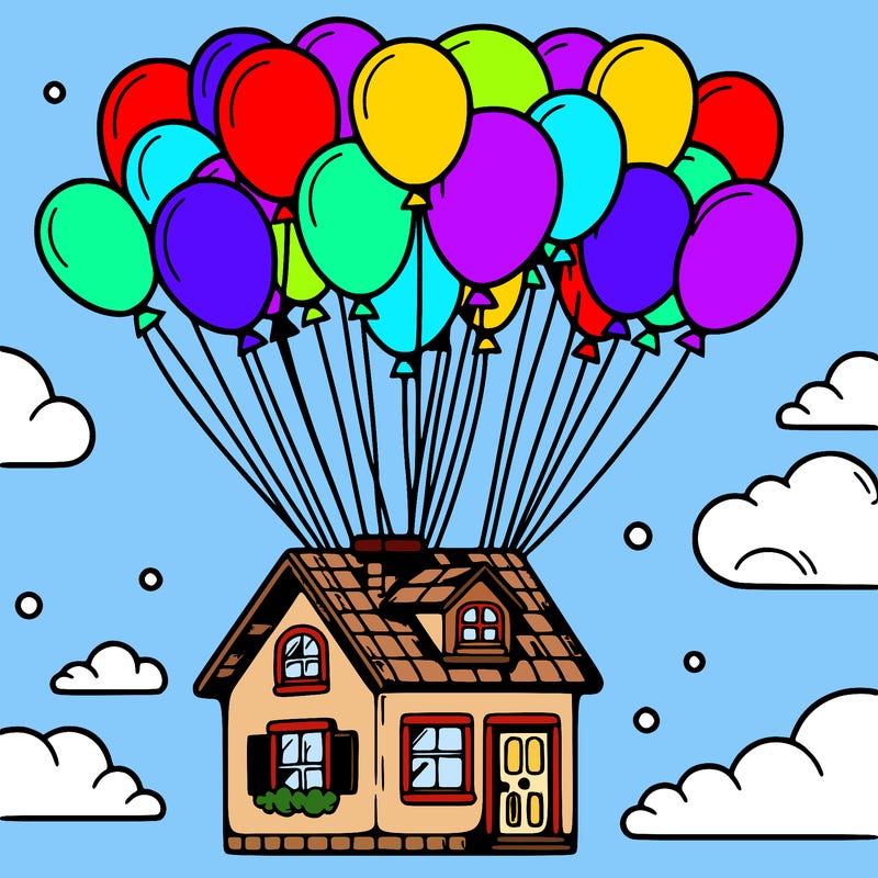 house floating from lots of balloons