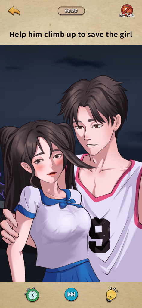 Anime style gameplay level showing a boy and a girl with a prompt to help him climb and save her.