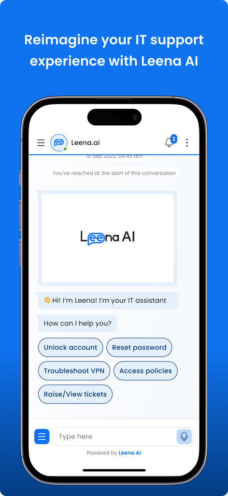 Leena AI mobile app chat interface for automated enterprise IT support