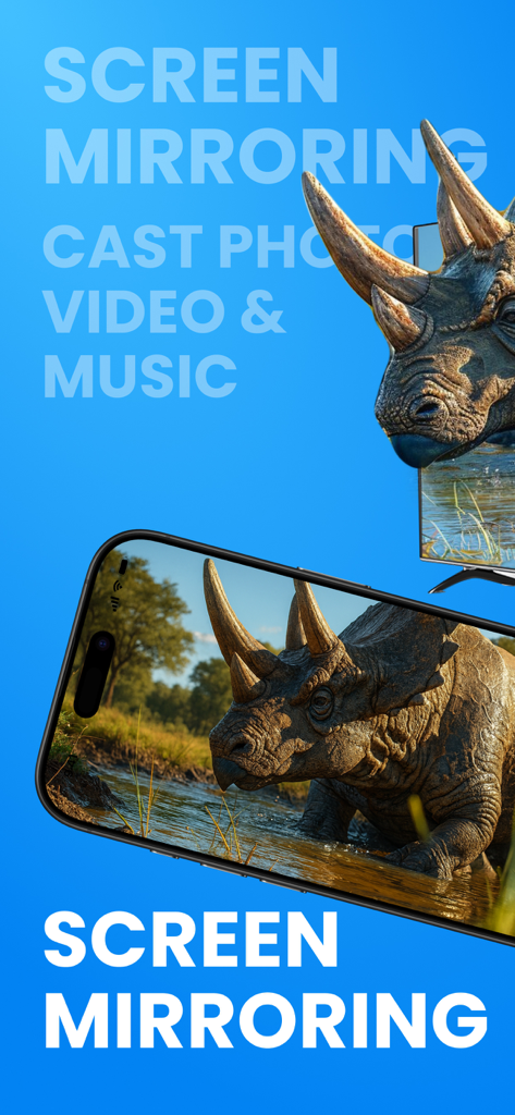 Screen Mirror-Cast to Smart TV - An iPhone wirelessly mirroring a high-quality picture of a triceratops onto a smart TV screen.