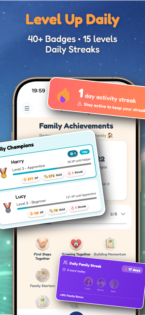 PointUp: Kids Chore Tracker - Una captura de pantalla de la aplicación PointUp de seguimiento de tareas que muestra los niveles de progresión de los niños, los logros familiares y las rachas de actividad diaria.