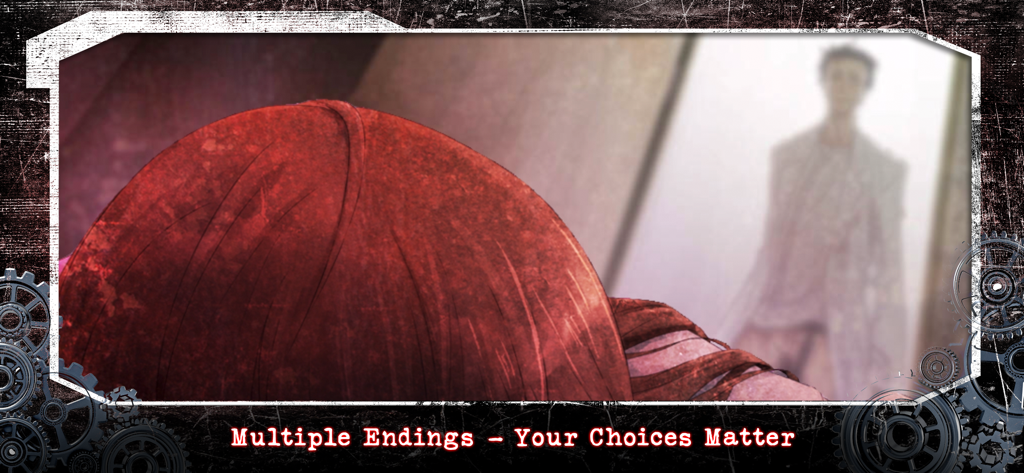Una escena cinematográfica de la novela visual Steins Gate con el personaje Kurisu Makise y un cuadro de texto que destaca múltiples finales y la importancia de las elecciones del jugador.