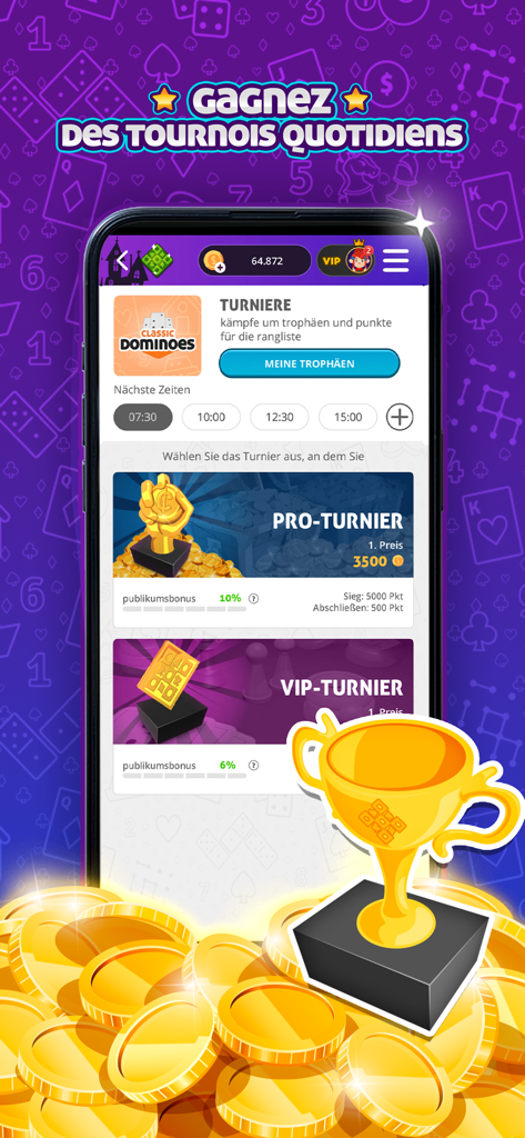 Dominoes - Classic Board Game - Schermata dell'app Dominoes classic board game che mostra tornei giornalieri con un trofeo d'oro e monete